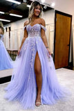 Vestido de fiesta de tul con hombros descubiertos, abertura, apliques de encaje brillante, corsé, vestido formal de fiesta de noche, vestidos de fiesta para mujer, noche 