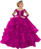 Long Sleeve Flower Girl Dresses Laces Applique Beaded Princess Pageant Dress Beaded Ruffle Tulle Kids Prom Party Gown