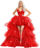 High Low Pailletten Tüll Ballkleider Mehrlagiges Romantisches Ballkleid für Damen Funkelndes Abendkleid Abendkleider 