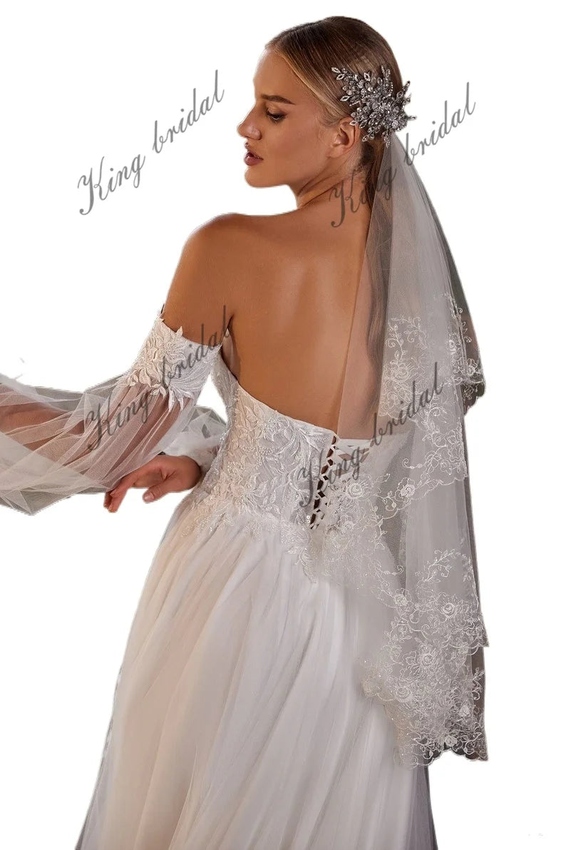 Vestido de novia de corte A con hombros descubiertos, mangas bohemias desmontables, corsé drapeado con cuentas, falda de tul en capas, vestido de novia personalizado 