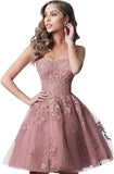 Spitzen-Heimkehrkleider, kurz, A-Linie, trägerlos, formelle Cocktailparty-Kleider, Abschlussballkleid, Ballkleider, Minikleid 