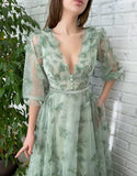Damen Ballkleid mit Puffärmeln, 3D-Schmetterling, langer V-Ausschnitt, Tüll, Ballkleid, formelles Abendkleid 