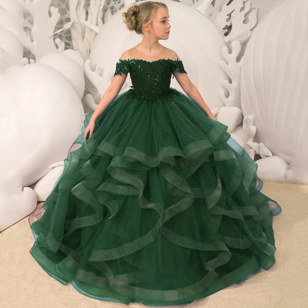 Grape Purple Floral Appliques Tiered With Trailing For Wedding Birthday Party Banquet Gown Customized Flower Girl Dresses