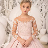 Vestidos de niña de las flores personalizados con estampado floral blanco y satén rosa con lazo de manga larga para bodas, fiestas de cumpleaños y banquetes. 