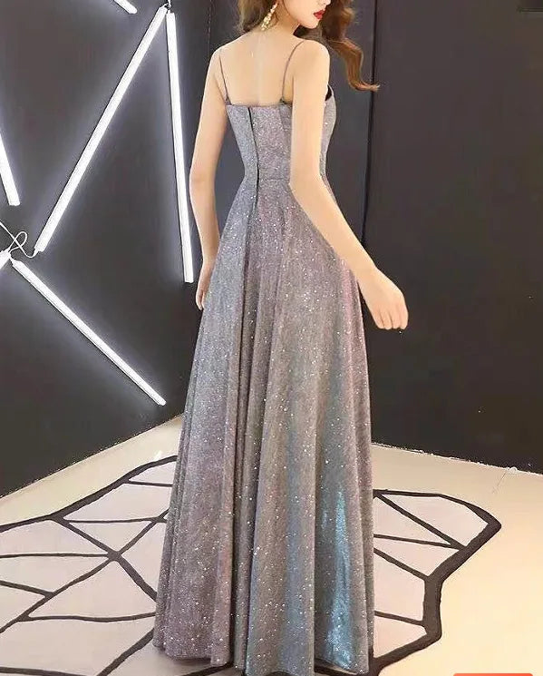 Elegant Glitter Banquet Dresses Women Fashion Spaghetti Straps Slimming Starry Sky Evening Party Dress Sexy Gown Prom Dress
