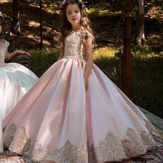 First Communion Pageant Birthday Gowns Elegant Satin Flower Girl Dresses for Wedding Sleeveless Applique Princess Dress Weddings
