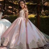Erstkommunion Festzug Geburtstagskleider Elegante Satin Blumenmädchenkleider für Hochzeit Ärmelloses Applique Prinzessinnenkleid Hochzeiten 