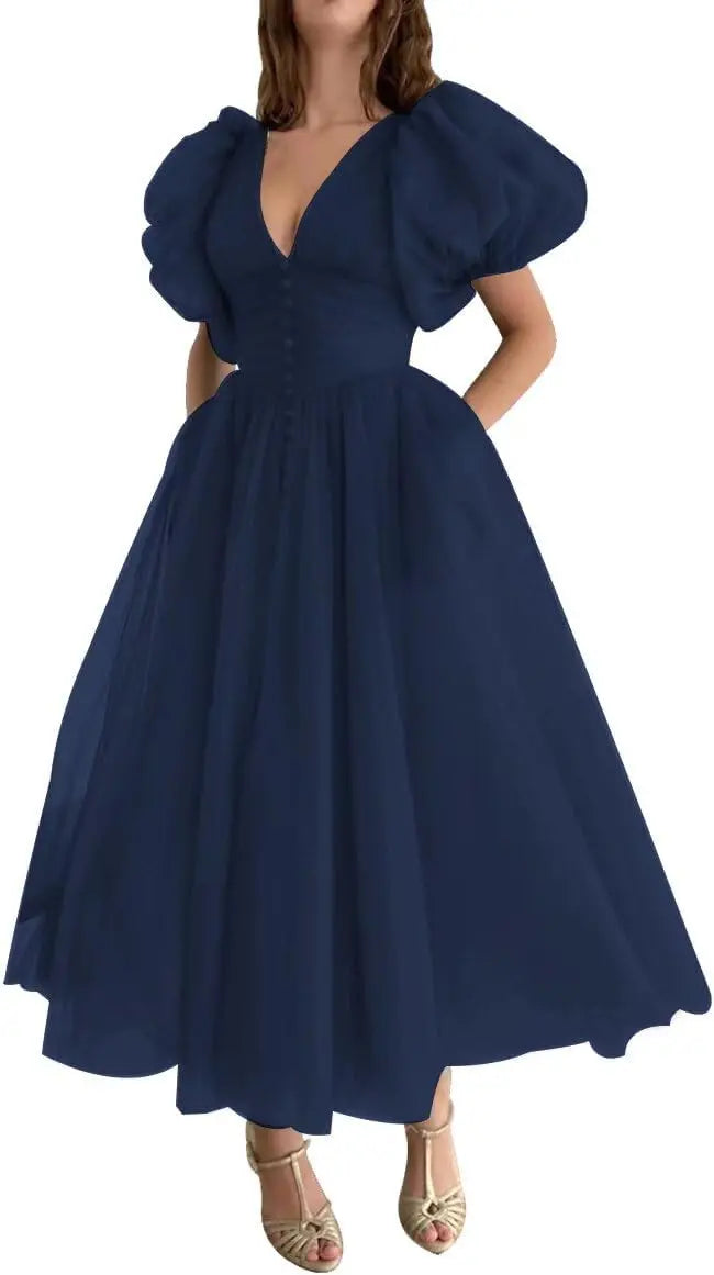 Puffy Sleeve Prom Dresses for Women Dotted Tulle V Neck Formal Evening Party Gowns Tea Length Bridesmaid Dresses