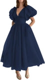 Puffy Sleeve Prom Dresses for Women Dotted Tulle V Neck Formal Evening Party Gowns Tea Length Bridesmaid Dresses
