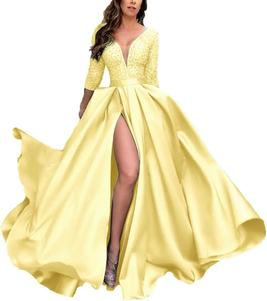 Deep V-Neck Satin Prom Dress for Women, 3/4 Sleeve Formal Evening Gown with Pockets, Elegant Party Dress