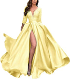 Deep V-Neck Satin Prom Dress for Women, 3/4 Sleeve Formal Evening Gown with Pockets, Elegant Party Dress