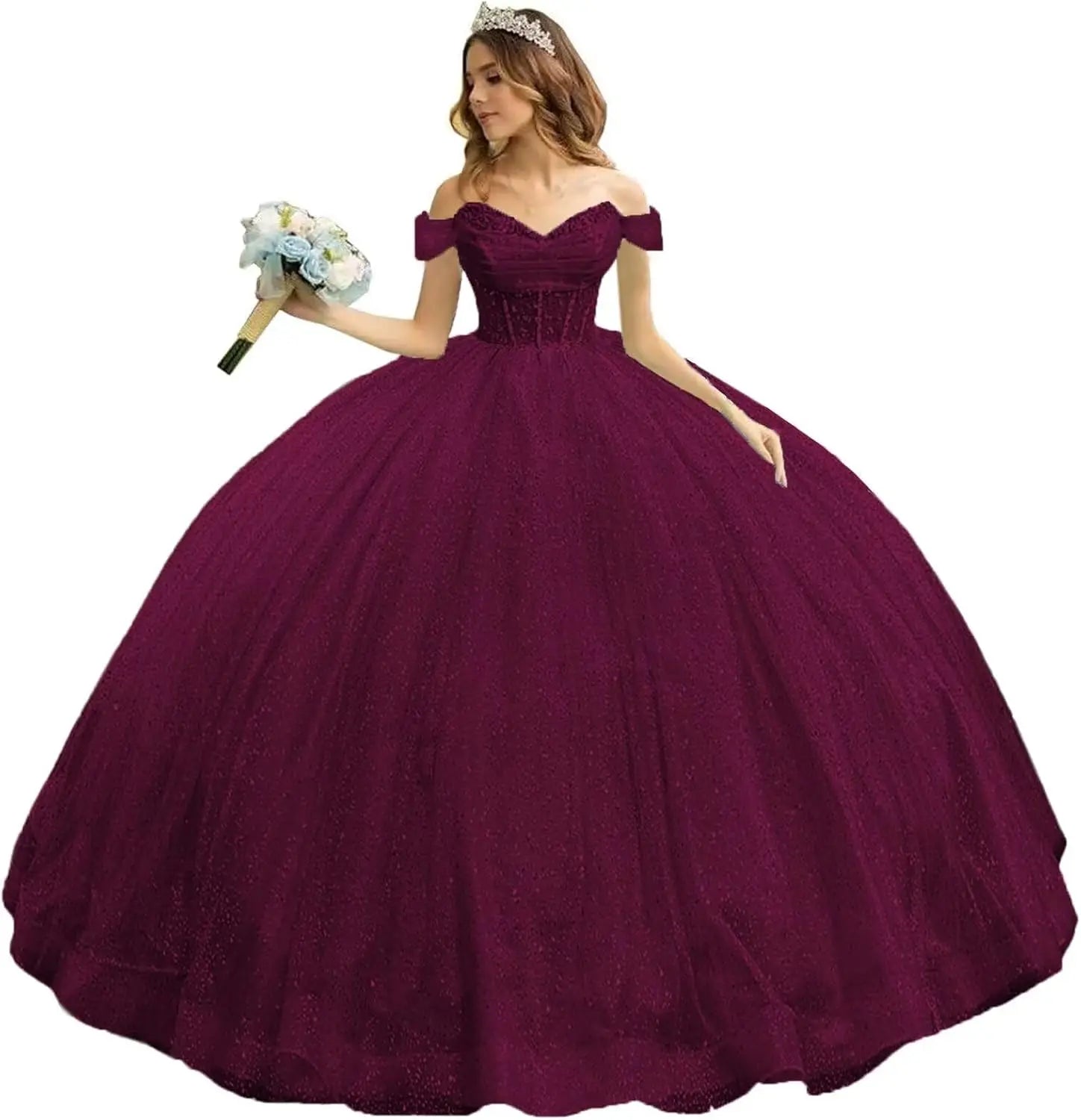 Tulle Quinceanera Dresses with Bow Puffy Off Shoulder Sweet 16 Dresses Sparkly Crystal Quince Dress with Train