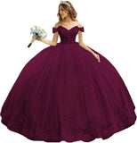 Tulle Quinceanera Dresses with Bow Puffy Off Shoulder Sweet 16 Dresses Sparkly Crystal Quince Dress with Train
