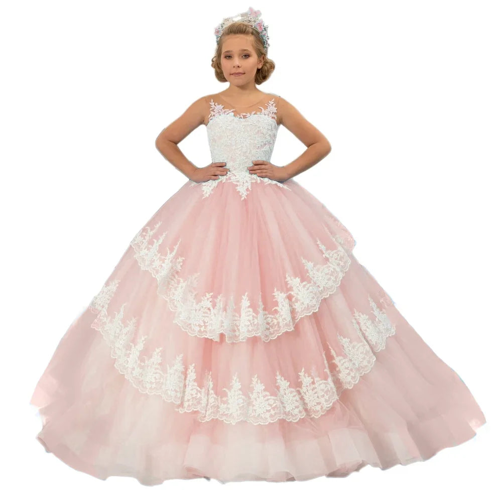Vestido de princesa para banquete de fiesta de cumpleaños, personalizado, para niña de las flores, con apliques de encaje azul cielo y blanco, escalonado, sin mangas, para boda 
