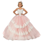 Vestido de princesa para banquete de fiesta de cumpleaños, personalizado, para niña de las flores, con apliques de encaje azul cielo y blanco, escalonado, sin mangas, para boda 