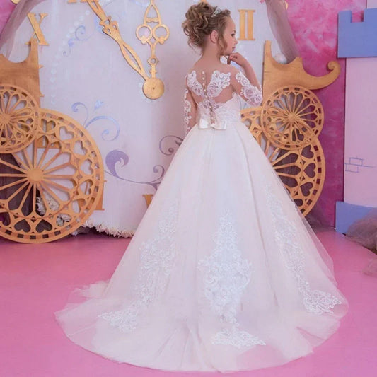 Vestidos de tul blanco con estampado floral y lazo, de manga larga, para bodas, cumpleaños, primera comunión y niñas de las flores. 