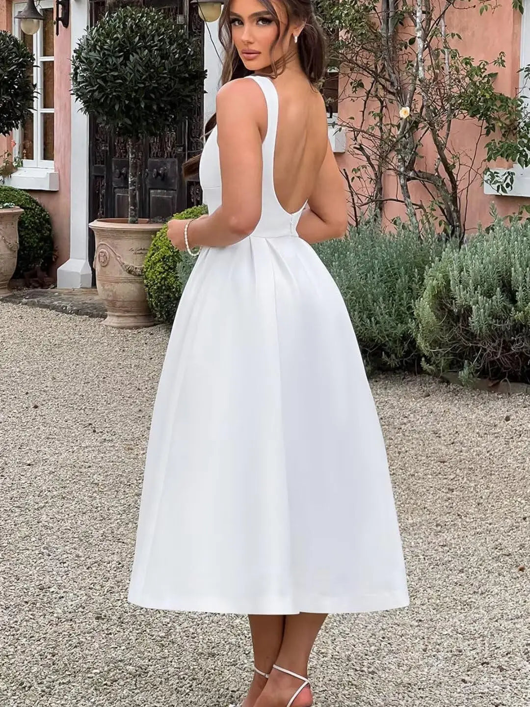 Vestidos de fiesta de satén con cuello barco y midi, largos hasta la rodilla, espalda escotada, corte en A, vestidos formales de noche para fiesta, vestido de cóctel y fiesta 