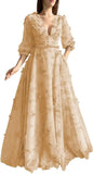Damen Ballkleid mit Puffärmeln, 3D-Schmetterling, langer V-Ausschnitt, Tüll, Ballkleid, formelles Abendkleid 
