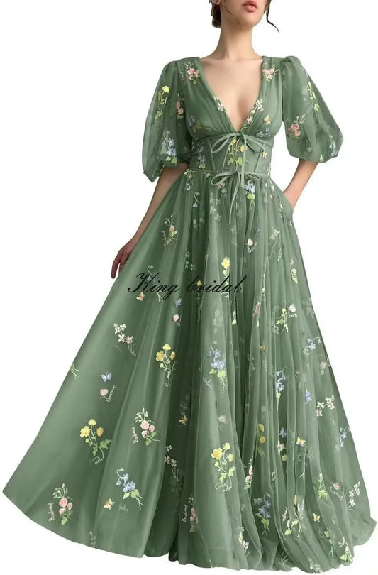 Women's Long Sleeve Flower Embroidery Tulle Prom Dresses Maxi A Line V Neck Fairy Formal Evening Party Gown Bridesmaid Dresses