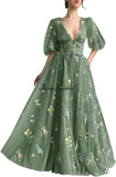 Women's Long Sleeve Flower Embroidery Tulle Prom Dresses Maxi A Line V Neck Fairy Formal Evening Party Gown Bridesmaid Dresses