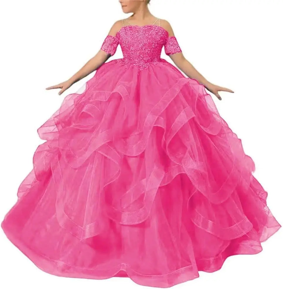 Vestidos de desfile de princesas para niñas de flores 2026 con encaje bordado, tallas grandes, tul en capas, vestidos de primera comunión para niñas. 