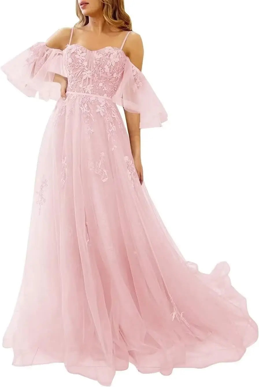 Lace Applique Tulle Prom Dresses Off Shoulder Puffy Sleeves Wedding Dress Long Women Sweetheart A Line Evening Gowns