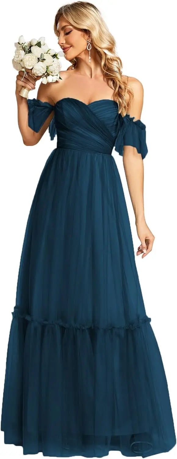 Women's Formal Dress Sweetheart Off-Shoulder Ruched Tulle Maxi Bridesmaid Dresses elegant dress women for wedding party