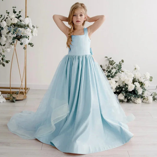 Vestidos de princesa para banquetes de cumpleaños, vestidos de niña de las flores de satén rosa liso con cola y lazo, sin mangas para boda