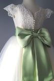 Flower girl dress, Sage Sashes, Birthday Baby Dresses Lace Tulle First Communion Gowns Wedding princess Kids ball gown