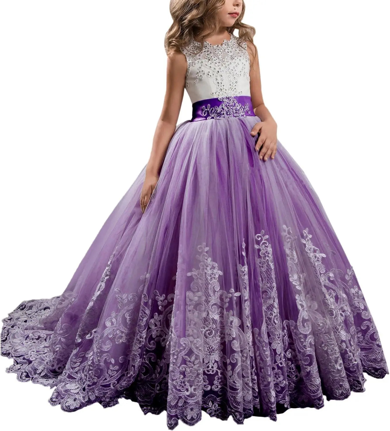 Princess Lilac Long Girls Pageant Dresses Kids Prom Puffy Tulle Ball Gown flower girl dress girls dresses for party and wedding