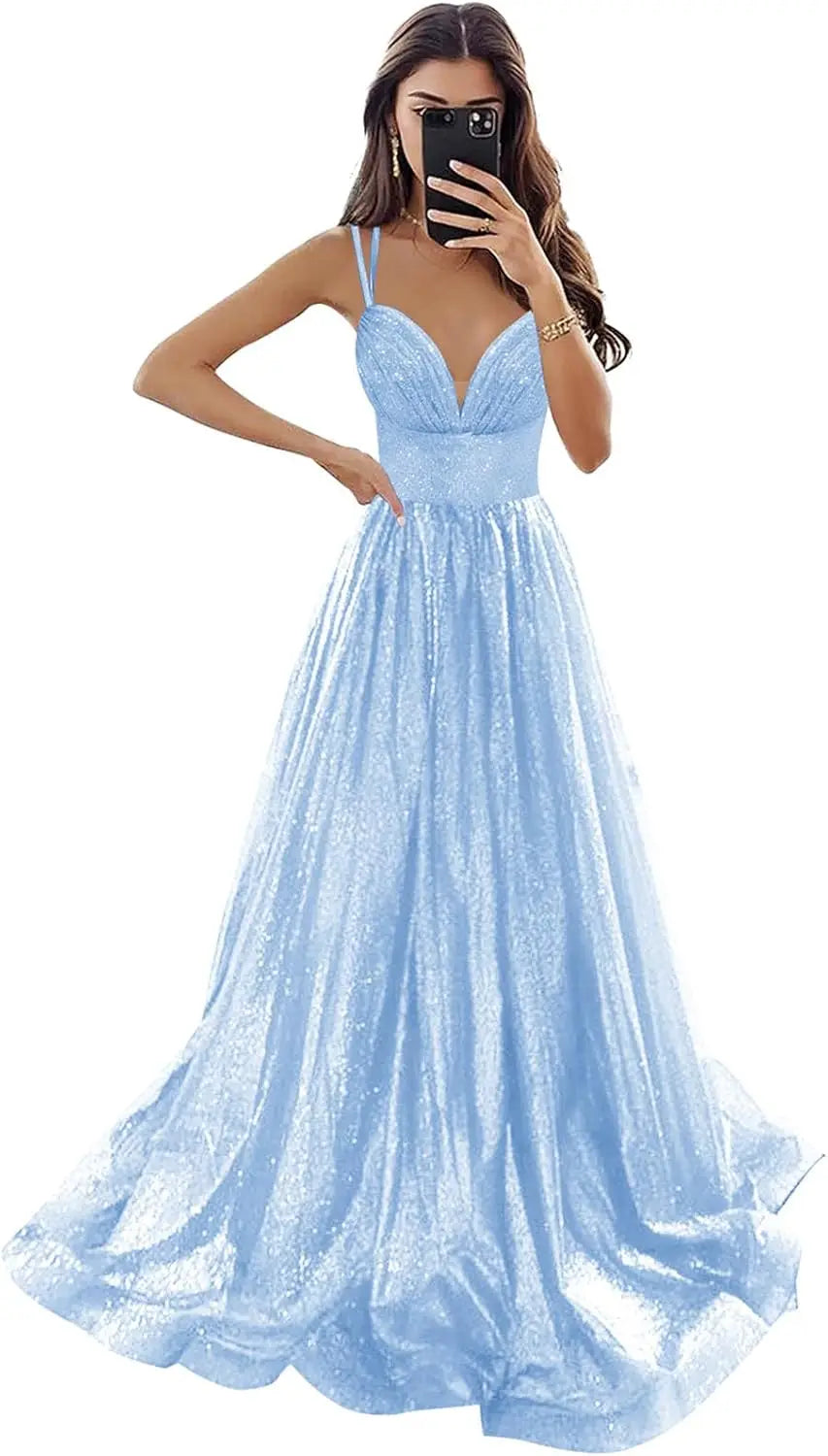 Vestido de fiesta de tul brillante con bolsillos, tirantes finos, corsé fruncido, largo, formal, para noche, vestidos de fiesta para mujer, noche 