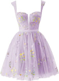 Flower Embroidery Short Tulle Homecoming Dresses for Teens Corset Mini Prom Dress Fairy Formal Party Gown Junior Bridesmaid Gown