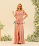 Custom Made Flutter Sleeves Split Bridesmaid Dresses with Slit Long V Neck Empire Waist Formal Evening Dress for Women Wedding