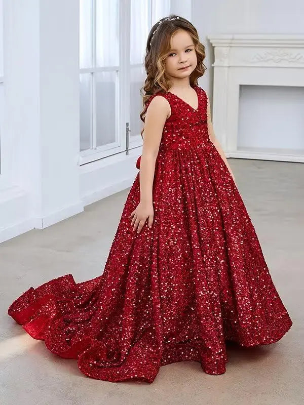 Vestidos de desfile con lentejuelas y cuello en V para niñas, vestidos de baile brillantes para niñas de las flores, vestidos de princesa para niñas pequeñas, vestido de comunión 