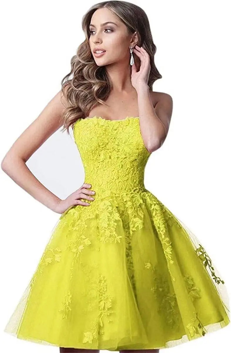 Spitzen-Heimkehrkleider, kurz, A-Linie, trägerlos, formelle Cocktailparty-Kleider, Abschlussballkleid, Ballkleider, Minikleid 