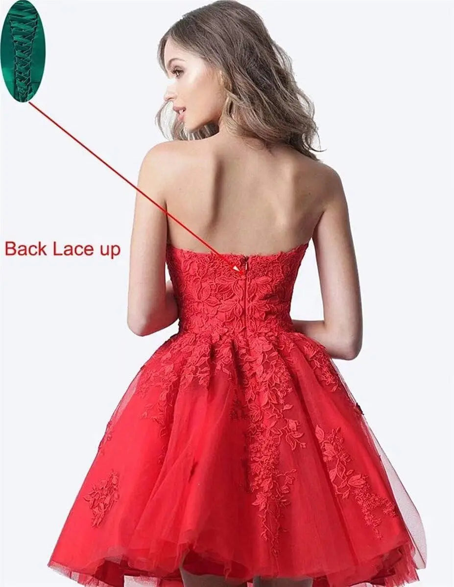 Spitzen-Heimkehrkleider, kurz, A-Linie, trägerlos, formelle Cocktailparty-Kleider, Abschlussballkleid, Ballkleider, Minikleid 