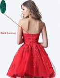 Spitzen-Heimkehrkleider, kurz, A-Linie, trägerlos, formelle Cocktailparty-Kleider, Abschlussballkleid, Ballkleider, Minikleid 