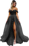 Vestido de fiesta de tul con hombros descubiertos, abertura, apliques de encaje brillante, corsé, vestido formal de fiesta de noche, vestidos de fiesta para mujer, noche 