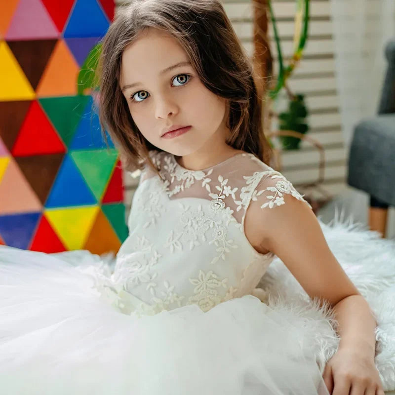 Apliques color marfil con vuelo y cinturón de lazo, sin mangas, para bodas, fiestas de cumpleaños, banquetes, vestidos de primera comunión y vestidos de niña de las flores. 