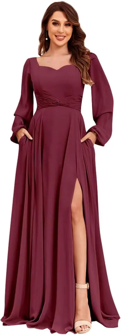 Damen Langarm Brautjungfernkleider mit Taschen Split Plissee Chiffon Formales Abendkleid Partykleid formelles Kleid Frauen elegant 