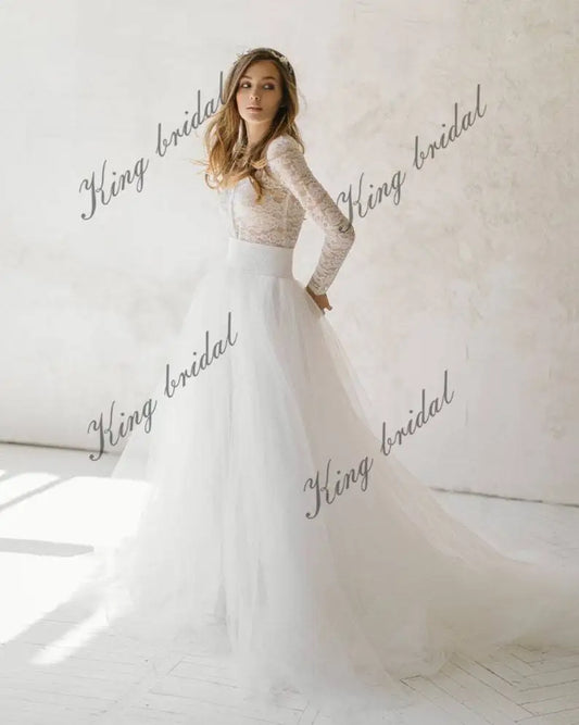 Off white tulle wedding dress lace wedding gown bohemian bridal separates Two piece  simple wedding dresses