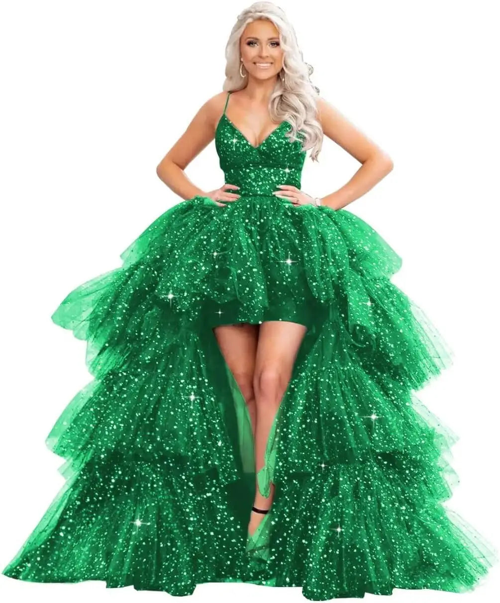High Low Pailletten Tüll Ballkleider Mehrlagiges Romantisches Ballkleid für Damen Funkelndes Abendkleid Abendkleider 