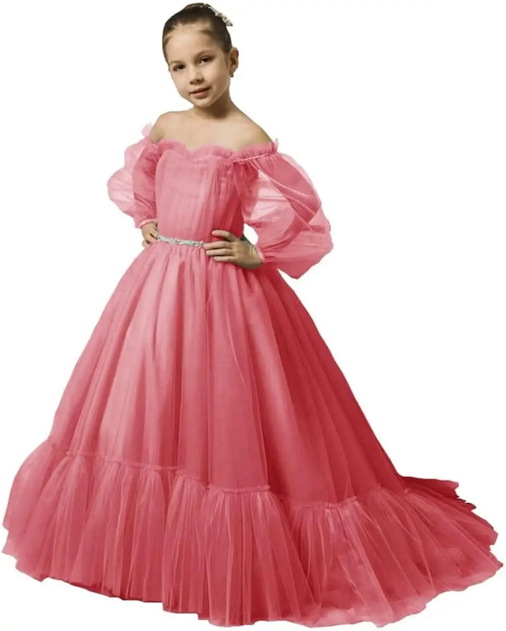 Vestidos de niña de las flores con mangas abullonadas para boda, vestidos de desfile de tul con hombros descubiertos, vestido de línea A para niña pequeña con cinturón, vestido para niña bebé 