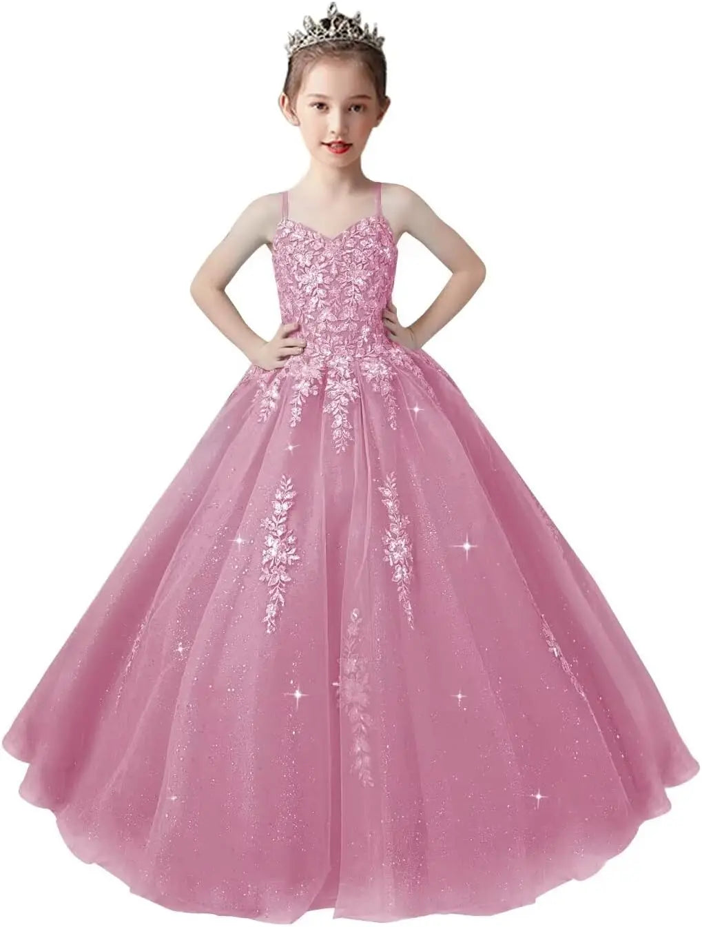 Lace Applique Tulle Pageant Gowns for Girls Ball Gown Flower Girl Dress Princess Toddler Kids Prom Pageant   Dress