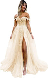 Vestido de fiesta de tul con hombros descubiertos, abertura, apliques de encaje brillante, corsé, vestido formal de fiesta de noche, vestidos de fiesta para mujer, noche 