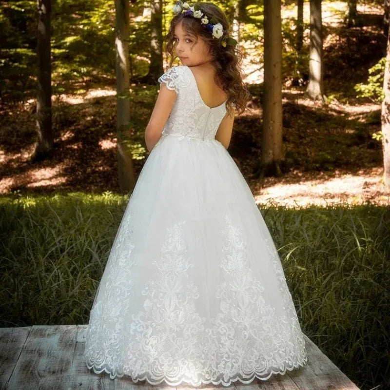 Tulle Puffy Lace Flory Appliques Short Sleeve For Wedding Birthday Party Banquet Princess Gowns Flower Girl Dresses White
