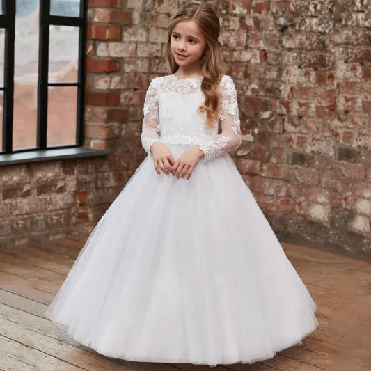 Vestidos de primera comunión para banquetes de cumpleaños, vestidos de niña de las flores, tul blanco, encaje, apliques florales, manga larga para boda 
