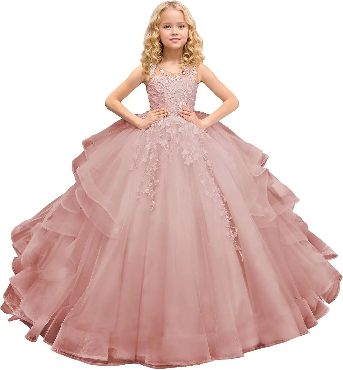 Tüll Prinzessin Ärmellose Festzugskleider Lange Spitze Applique Blumenmädchen Kleid Kinder Geburtstagsparty Ballkleid Festzugskleider 