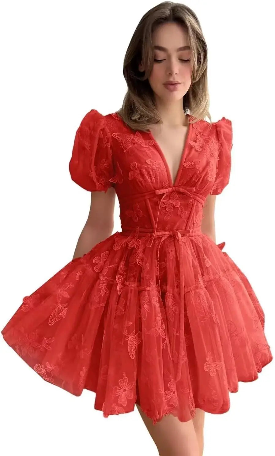 3D Butterfly Tulle Homecoming Dresses for Teens A-Line Short Sleeve Prom Cocktail Dress with Butterfly Appliques