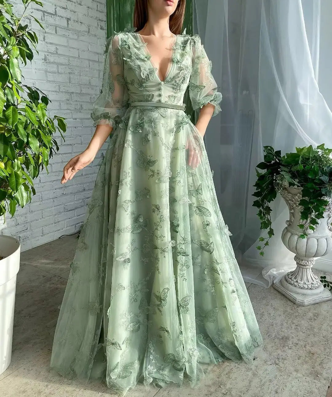 Damen Ballkleid mit Puffärmeln, 3D-Schmetterling, langer V-Ausschnitt, Tüll, Ballkleid, formelles Abendkleid 